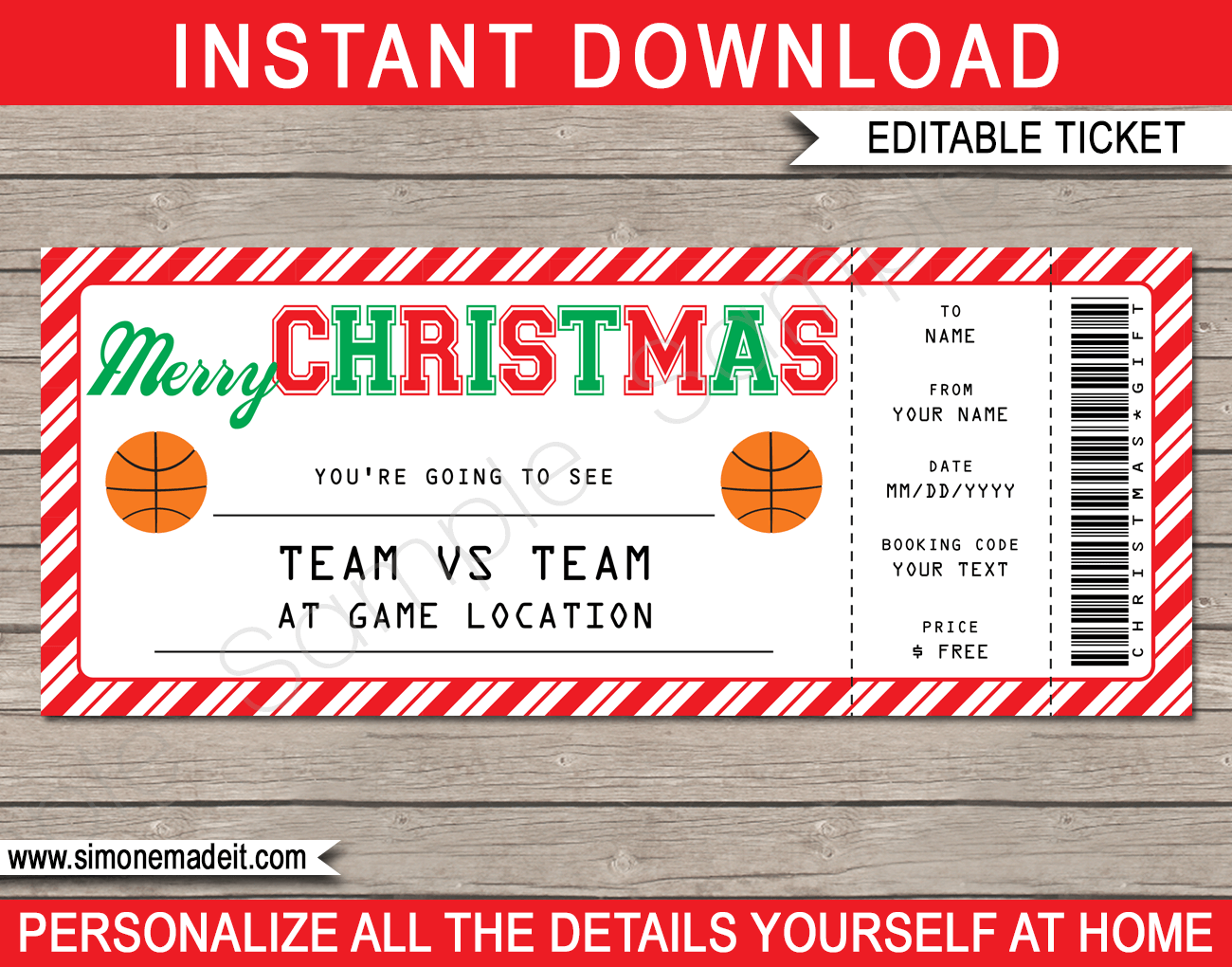 Christmas Basketball Ticket Gift Voucher Printable Basketball 