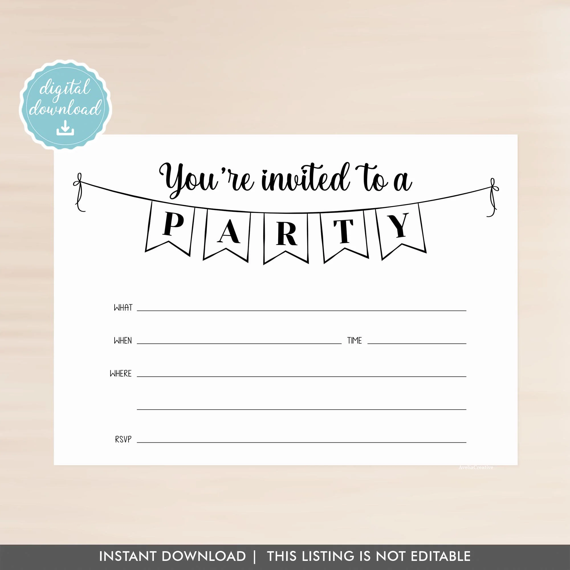 Party Blank Invitation Instant Download Fill in Invitation 